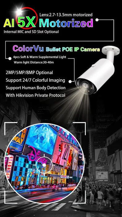 5MP/4K 8MP ColorVu Fixed Mini Bullet IP Camera, Sony IMX335 CMOS sensor, Nightvision full color, Motion Detection, Easy-to-use P2P Cloud service, mobile APP remote access, Internal Microphone, SD card slot optional, Strong water-proof housing