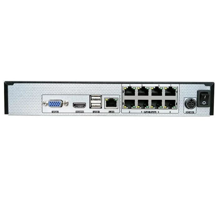 8CHs 5MP H.265/H.264 POE NVR, 3/4/5MP/1080P / 960P / 720P IP input, Windows style, remote control via IE or CMS : preview, playback, backup, Support PTZ preset, Powerful smart phone & Pad surveillance with iOS and Andriod OS