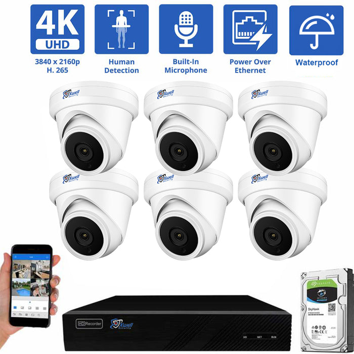 8 Channel NVR Security Camera System with 6 * 4K IP Turret 2.8mm Fixed Lens Camera, Human Detection, Built-In Microphone, PoE