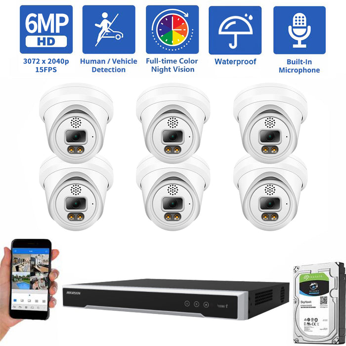 8 Channel NVR Security Camera System with 6 * 6MP IP Turret 2.8mm Fixed Lens Camera, Human Detection,  Microphone,2-way  PoE