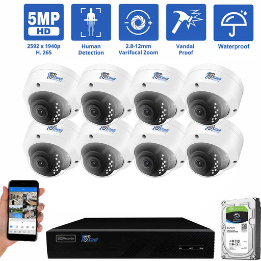"8CH NVR System: 8x5MP Dome Cameras, 4X Zoom, Human Detect, Mic, Vandal-Proof, PoE