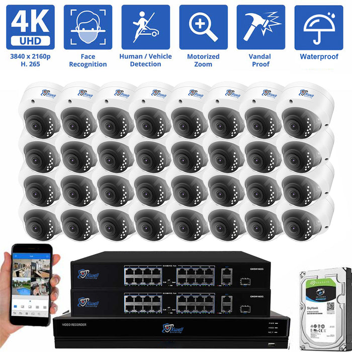 32 Channel NVR Security Camera System with 32 *8MP(4K) IP Dome  Varifocal Lens Camera, Human Detection, Built-In Microphone, Vandal-Proof, POE ,With 8TB HDD