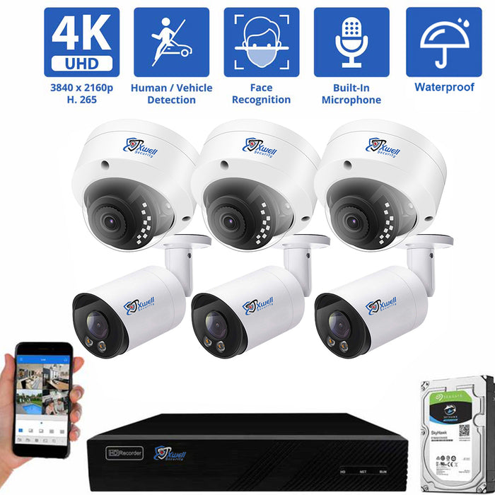 8 Channel 4K NVR Security Camera System with 3 * 8MP IP Dome  Varifocal Lens Camera & 3 * 8MP  4K IP Bullet, Human Detection, , Built-In Microphone, Vandal-Proof,With 2TB HDD