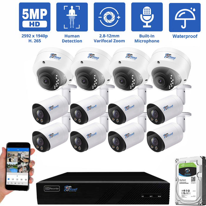 16 Channel NVR Security Camera System with 8 * 5MP IP Bullet 2.8mm Fixed Lens Security Camera & 4 * 5MP IP Dome 2.8-12mm Varifocal Lens 4X Optical Zoom Camera, Human Detection, Built-In Microphone, PoE,With 8TB HDD