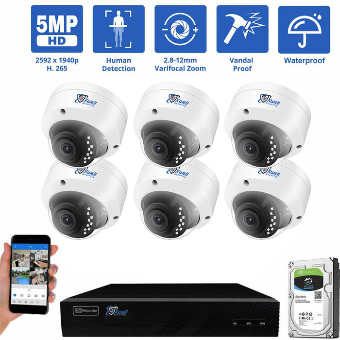 8 Channel NVR Security Camera System with 6 * 5MP IP Dome 2.8-12mm Varifocal Lens Camera, Human Detection, 4X Optical Zoom, Built-In Microphone, Vandal-Proof, PoE