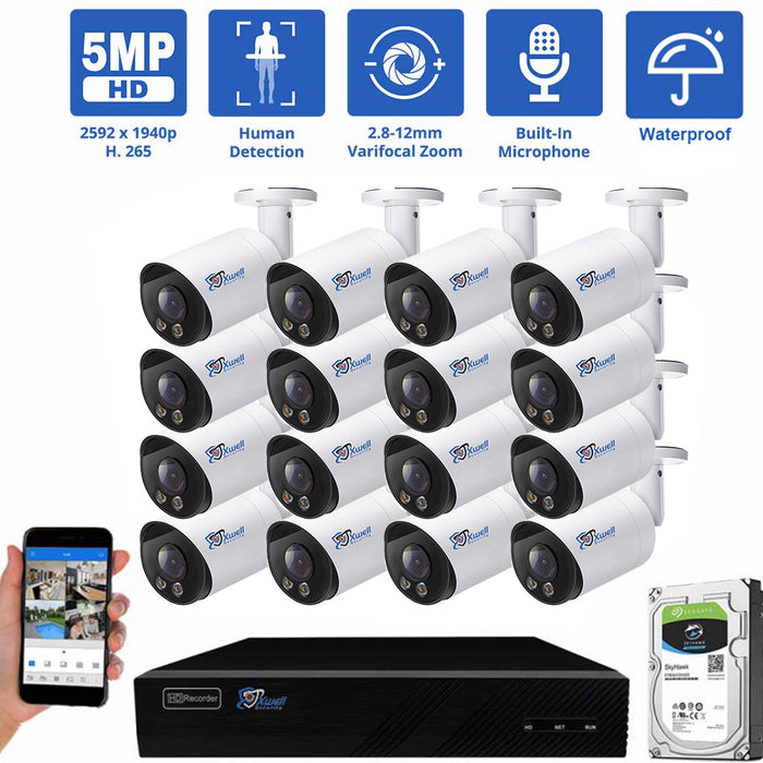 16 Channel NVR Security Camera System with 16 * 5MP IP Mini Bullet   2.8-12mm Varifocal Lens Camera, Human Detection, 4X Optical Zoom, Built-In Microphone, Vandal-Proof, PoE
