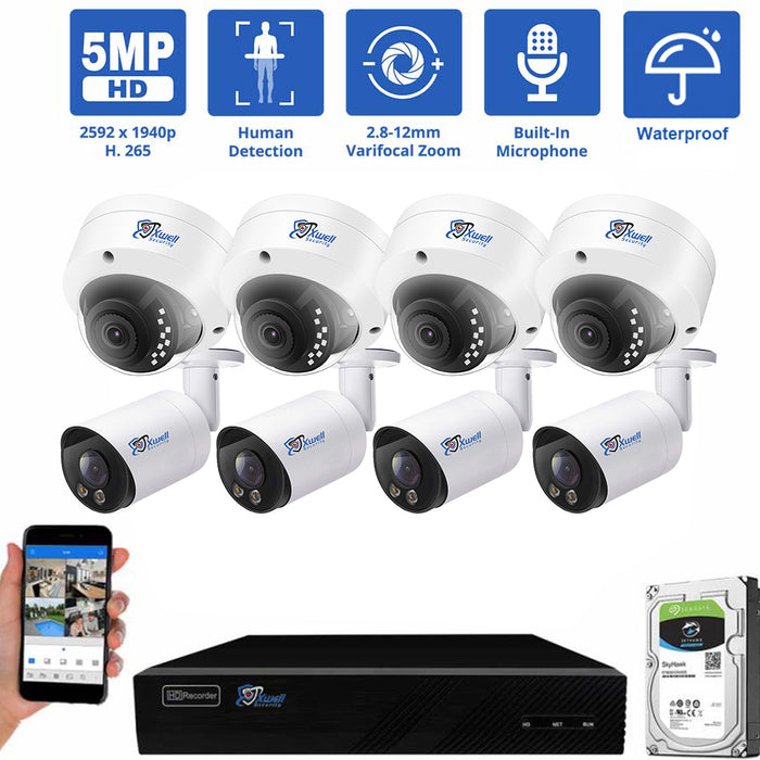 8 Channel NVR Security Camera System with 4 * 5MP IP Dome 2.8-12mm Varifocal Lens Camera & 4 * 5MP IP Bullet 2.8-12mm Varifocal Lens Camera, Human Detection, 4X Optical Zoom, Built-In Microphone, Vandal-Proof, PoE ,With 2TB HDD