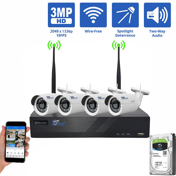 【Dernier 2022】 Systèmes de caméra de sécurité sans fil XWELL 3MP (disque dur de 2 To), système de vidéosurveillance domestique 8 canaux H.265 1296P, 4 caméras IP intérieures et extérieures 3MP, kits P2P WiFi NVR, application gratuite, vision nocturne