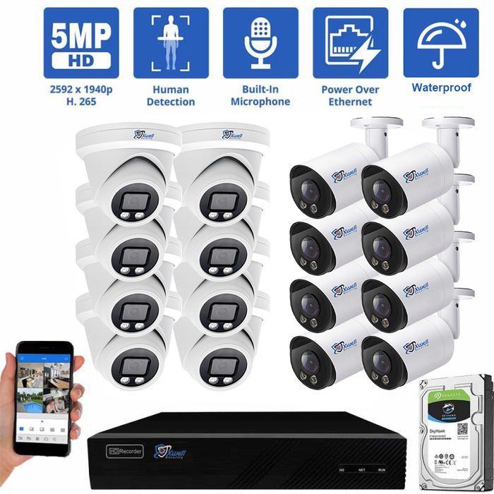 16 Channel NVR Security Camera System with 8 * 5MP IP Bullet 2.8mm Fixed Lens Camera & 8 * 5MP IP Turret 2.8mm Fixed Lens Camera, Human Detection, Built-In Microphone, PoE,With 8TB HDD