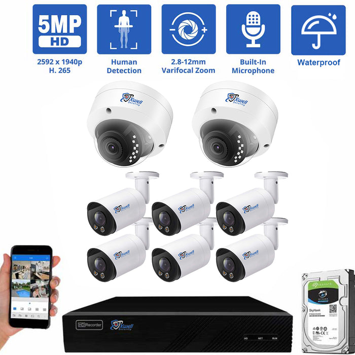 8 Channel NVR Security Camera System with 6 * 5MP IP Bullet 2.8mm Fixed Lens Security Camera & 2 * 5MP IP Dome 2.8-12mm Varifocal Lens 4X Optical Zoom Camera, Human Detection, Built-In Microphone, PoE