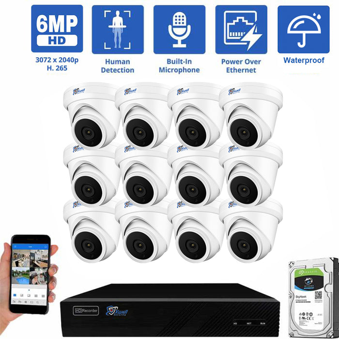 16 Channel NVR Security Camera System with 12 * 6MP IP Turret 3.6mm Fixed Lens Camera, Human Detection, Built-In Microphone, PoE