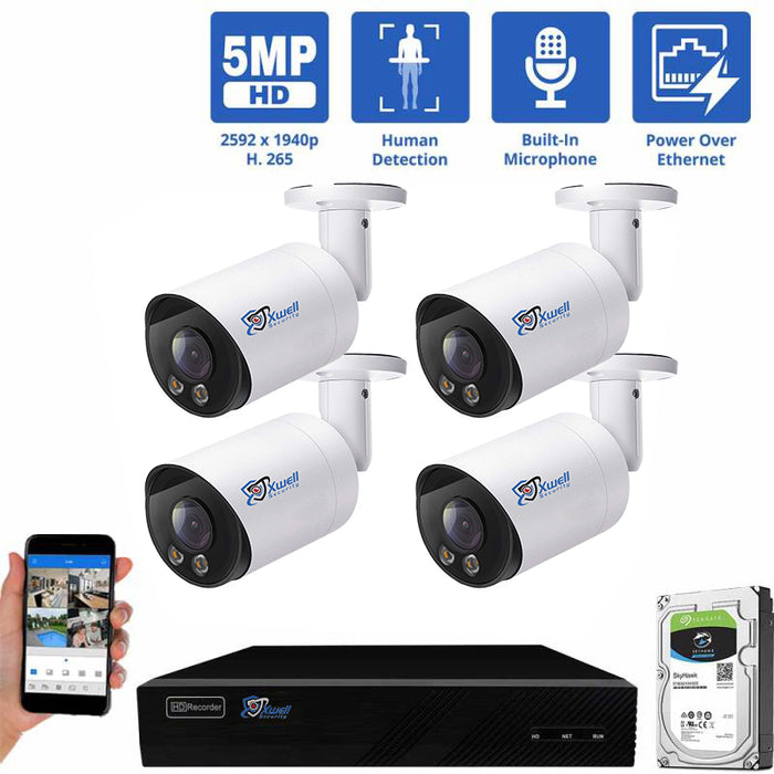 8 Channel NVR Security Camera System with 4 * 5MP IP Bullet 3.6mm Fixed Lens Camera,  Full-time Color Night Vision, Spotlight,PoE,With 2TB HDD