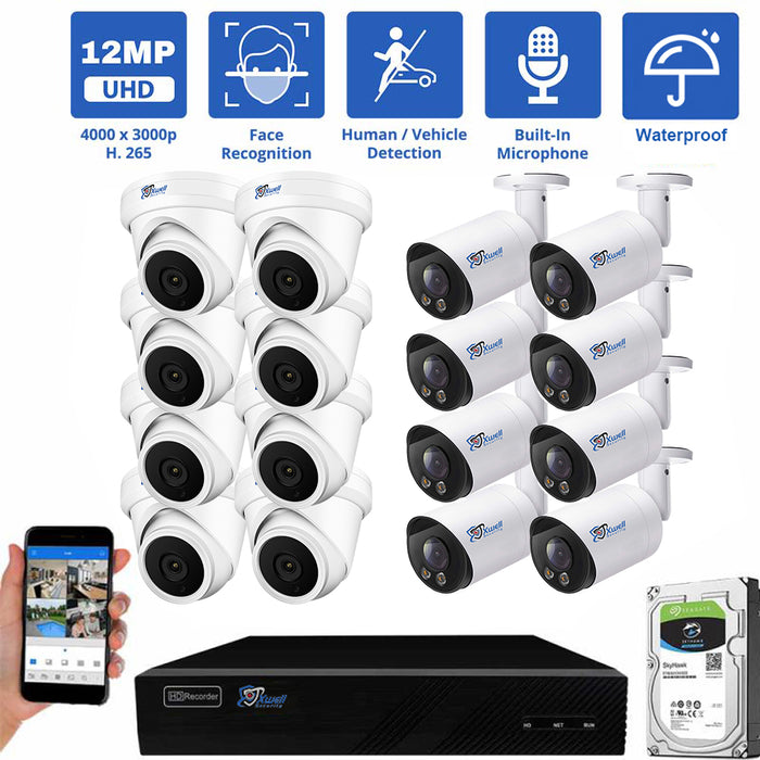 16 Channel NVR Security Camera System with 16* 12MP IP ((Bullet andTurret)  3.6mm Fixed Lens Camera, Face Recognition, Human / Vehicle Detection, Built-In Microphone, PoE ,With 8TB HDD