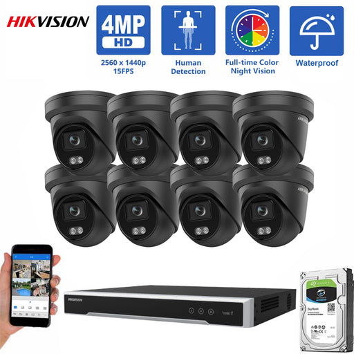 "Hikvision 8CH NVR System: 4x4MP Turret Cameras, Human Detection, Mic, 2TB HDD, PoE