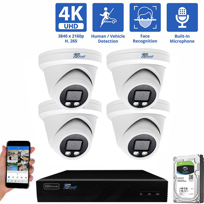 8 Channel 4K  NVR Security Camera System with 4 * 8MP IP Turret 2.8mm Fixed Lens Camera, Face Recognition, Human & Vehicle Detection, Built-in Mic, PoE,With 2TB HDD