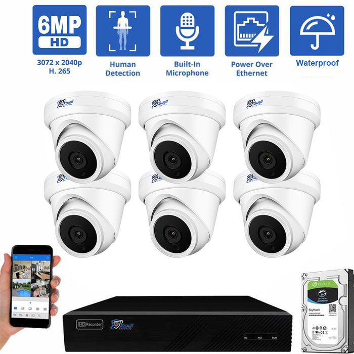 8 Channel NVR Security Camera System with 6 * 6MP IP Turret 2.8mm Fixed Lens Camera, Human Detection, Built-In Microphone, 2TB HDDPoE