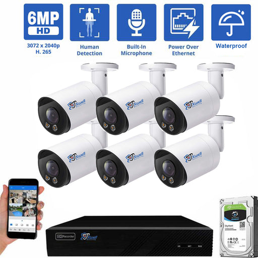 8CH NVR System: 6x5MP Bullet Cameras, Human Detection, Mic, PoE