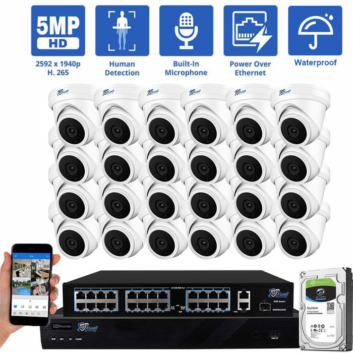 32 Channel NVR Security Camera System with 24 * 5MP IP Turret 2.8mm Fixed Lens Camera, Human Detection, Built-In Microphone, PoE,With 8TB HDD