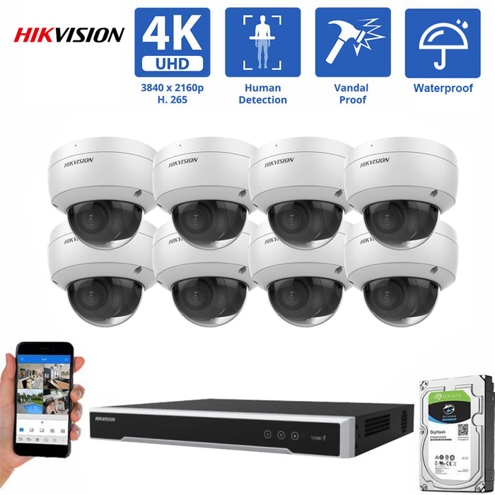 HIKVISION camera 8 Channel NVR Security Camera System with 8 * 4K IP Dom Varifocal Lens Camera, Human Detection,  Dome-In Microphone, Vandal-Proof, PoE